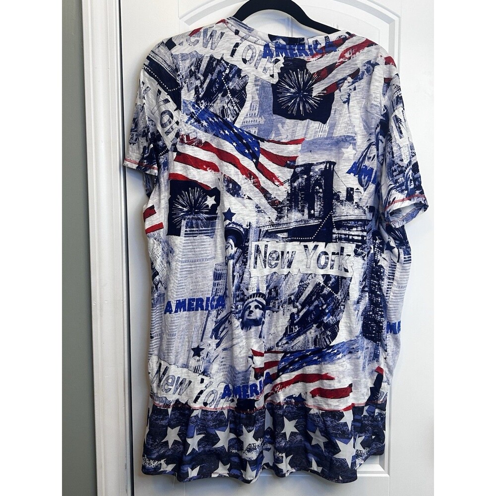 Unique Woman 2X Patriotic Stars Graphic Tunic T-Shirt V-Neck Rhinestone Button - Picture 3 of 16
